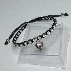 Black Dainty Woven Rhinestone Heart "Love" Silver Charm Adjustable Bracelet